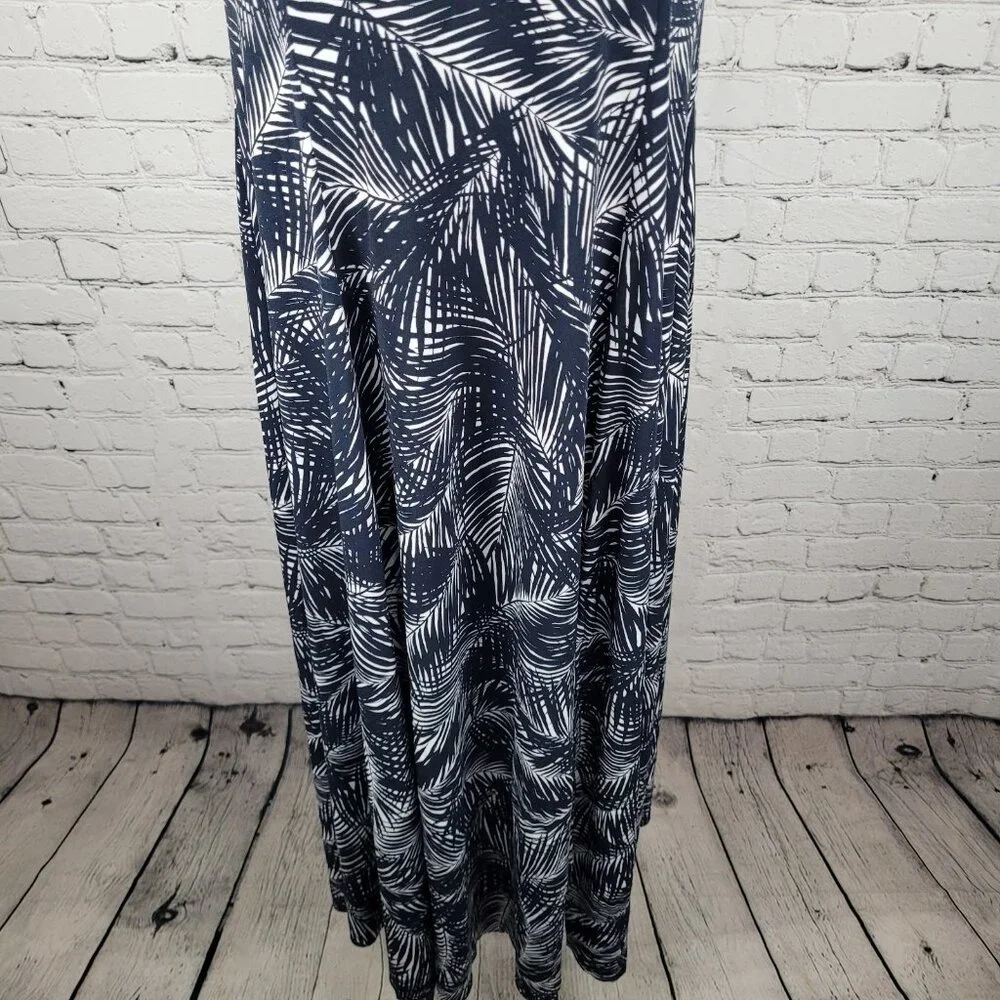 Michael Kors Navy & White Palm Leaf Front Slit Stretch Midi Dress Size Medium M